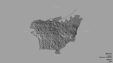 Beyrut bölgesi, Lübnan Valiliği, katı bir arka planda izole edilmiş bir sınır kutusunda. Etiketler. Çift seviyeli yükseklik haritası. 3B görüntüleme