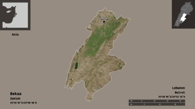 Bekaa 'nın şekli, Lübnan valisi ve başkenti. Uzaklık ölçeği, ön gösterimler ve etiketler. Uydu görüntüleri. 3B görüntüleme