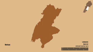 Lübnan Valisi Bekaa 'nın şekli, başkenti sağlam bir zemine sahip. Uzaklık ölçeği, bölge önizlemesi ve etiketleri. Desenli dokuların bileşimi. 3B görüntüleme