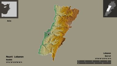Lübnan Dağı 'nın şekli, Lübnan Valisi ve başkenti. Uzaklık ölçeği, ön gösterimler ve etiketler. Topografik yardım haritası. 3B görüntüleme