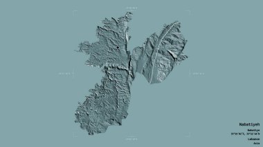 Lübnan Valiliği 'nin Nabatiyeh bölgesi, bir sınır kutusunda sağlam bir arka planda izole edilmiş. Etiketler. Renkli yükseklik haritası. 3B görüntüleme