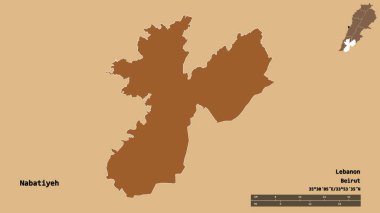 Lübnan Valisi Nabatiyeh 'in şekli, başkenti sağlam bir zemine sahip. Uzaklık ölçeği, bölge önizlemesi ve etiketleri. Desenli dokuların bileşimi. 3B görüntüleme