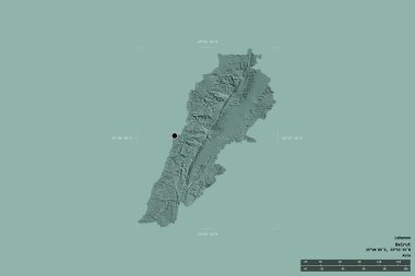 Lübnan bölgesi katı bir arka planda izole edilmiş bir sınır kutusunda. Ana bölgesel bölüm, mesafe ölçeği, etiketler. Renkli yükseklik haritası. 3B görüntüleme