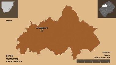 Berea 'nın şekli, Lesotho bölgesi ve başkenti. Uzaklık ölçeği, ön gösterimler ve etiketler. Desenli dokuların bileşimi. 3B görüntüleme