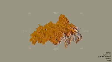 Lesotho bölgesi, Berea bölgesi, katı bir arka planda izole edilmiş bir sınır kutusunda. Etiketler. Topografik yardım haritası. 3B görüntüleme