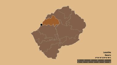 Başkenti, ana bölgesel bölümü ve ayrılmış Berea bölgesiyle Lesotho 'nun deforme edilmiş şekli. Etiketler. Desenli dokuların bileşimi. 3B görüntüleme