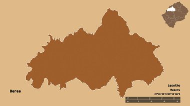 Lesotho 'nun Berea ilçesi, başkenti sağlam arka planda izole edilmiş. Uzaklık ölçeği, bölge önizlemesi ve etiketleri. Desenli dokuların bileşimi. 3B görüntüleme