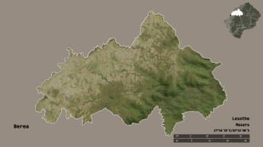 Lesotho 'nun Berea ilçesi, başkenti sağlam arka planda izole edilmiş. Uzaklık ölçeği, bölge önizlemesi ve etiketleri. Uydu görüntüleri. 3B görüntüleme