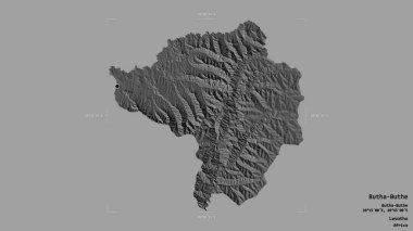 Lesotho bölgesi, Butha-Buthe bölgesi, katı bir arka planda izole edilmiş bir sınır kutusunda. Etiketler. Çift seviyeli yükseklik haritası. 3B görüntüleme