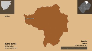 Lesotho bölgesi ve başkenti Butha-Buthe 'nin şekli. Uzaklık ölçeği, ön gösterimler ve etiketler. Desenli dokuların bileşimi. 3B görüntüleme