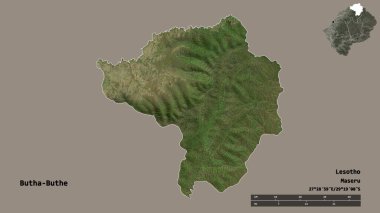 Lesotho bölgesi, Butha-Buthe 'nin şekli, başkenti sağlam arka planda izole edilmiş. Uzaklık ölçeği, bölge önizlemesi ve etiketleri. Uydu görüntüleri. 3B görüntüleme
