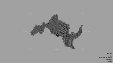 Lesotho 'nun Leribe bölgesi, sağlam bir arka planda izole edilmiş bir sınır kutusunda. Etiketler. Çift seviyeli yükseklik haritası. 3B görüntüleme