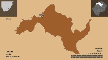 Lesotho 'nun Leribe ilçesi ve başkenti. Uzaklık ölçeği, ön gösterimler ve etiketler. Desenli dokuların bileşimi. 3B görüntüleme