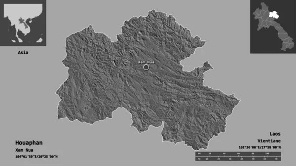 老挝省胡芬省的形状及其首府 距离刻度 预览和标签 Bilevel高程图 3D渲染 — 图库照片