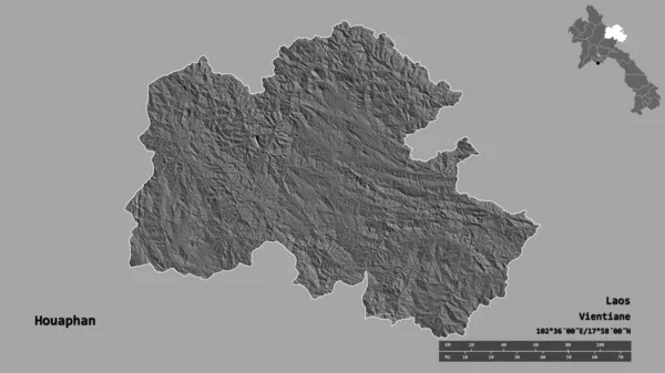 ラオスの州 フアパハンの形は その資本がしっかりとした背景に隔離されています 距離スケール リージョンプレビュー およびラベル 標高マップ 3Dレンダリング — ストック写真