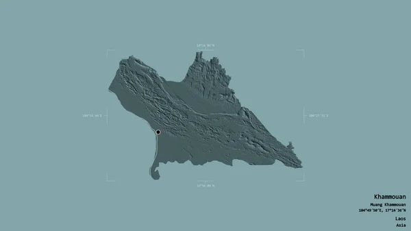 ラオスのカンムアン県の地域は 洗練された境界の箱の中にしっかりとした背景に隔離されています ラベル 色の標高マップ 3Dレンダリング — ストック写真