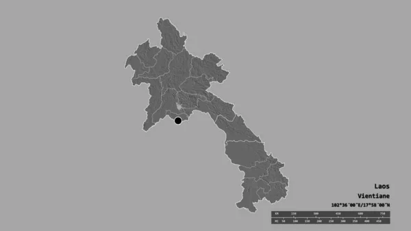 主要な地域部門と分離されたカムアン地域とラオスの荒廃した形 ラベル 標高マップ 3Dレンダリング — ストック写真
