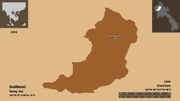 Form Oudomxai Provinsen Laos Och Dess Huvudstad Avståndsskala Förhandsvisningar Och — Stockfoto