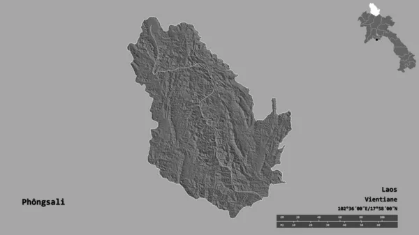 ラオスの省であるPhongsaliの形は その首都をしっかりとした背景に隔離されています 距離スケール リージョンプレビュー およびラベル 標高マップ 3Dレンダリング — ストック写真