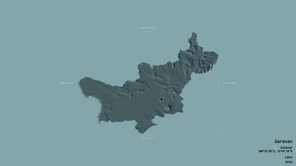 ラオスのサラバン州の地域は 洗練された境界ボックスにしっかりとした背景に隔離されています ラベル 色の標高マップ 3Dレンダリング — ストック写真