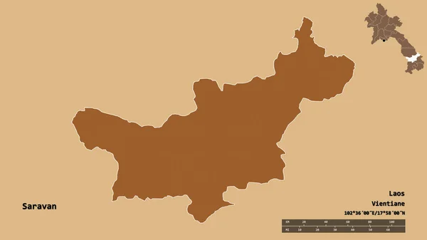 Форма Сараван Провінція Лаос Столицею Ізольованою Твердому Тлі Масштаб Відстаней — стокове фото