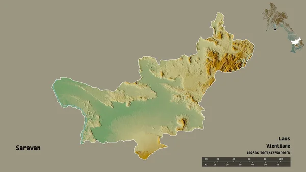 Form Saravan Provinsen Laos Med Huvudstaden Isolerad Solid Bakgrund Avståndsskala — Stockfoto
