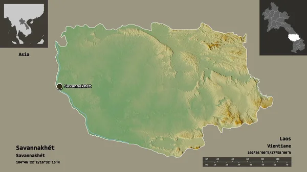 老挝省萨凡纳谢省的形状及其首府 距离刻度 预览和标签 地形浮雕图 3D渲染 — 图库照片