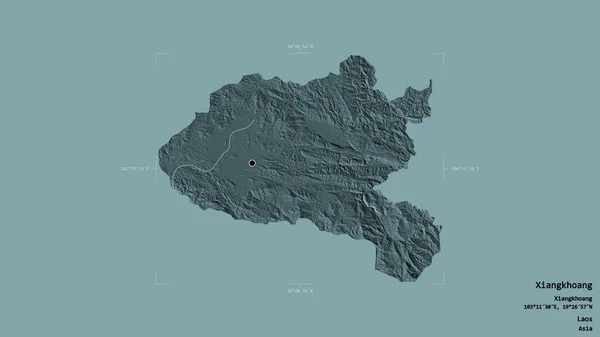 Area of Xiangkhoang, province of Laos, isolated on a solid background in a georeferenced bounding box. Labels. Colored elevation map. 3D rendering