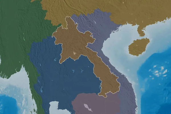Área Estendida Laos Delineado Mapa Elevação Colorido Renderização — Fotografia de Stock