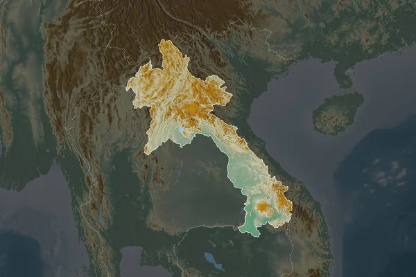 Forma Laos Separada Pela Dessaturação Áreas Vizinhas Fronteiras Mapa Topográfico — Fotografia de Stock