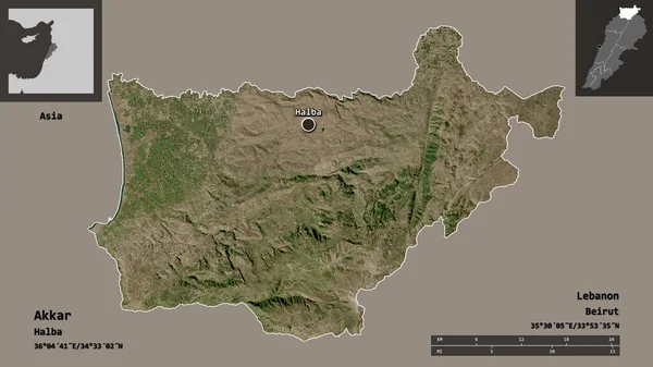 黎巴嫩省Akkar的形状及其首都 距离刻度 预览和标签 卫星图像 3D渲染 — 图库照片