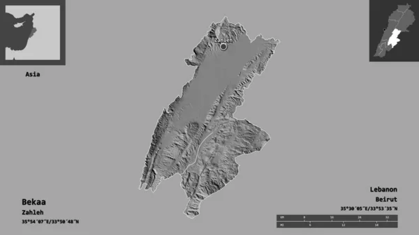 黎巴嫩省贝卡的形状及其首都 距离刻度 预览和标签 Bilevel高程图 3D渲染 — 图库照片