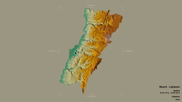 Area of Mount Lebanon, governorate of Lebanon, isolated on a solid background in a georeferenced bounding box. Labels. Topographic relief map. 3D rendering