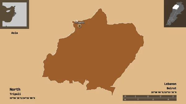 北の形状 レバノンの知事とその首都 距離スケール プレビューおよびラベル パターン化されたテクスチャの構成 3Dレンダリング — ストック写真