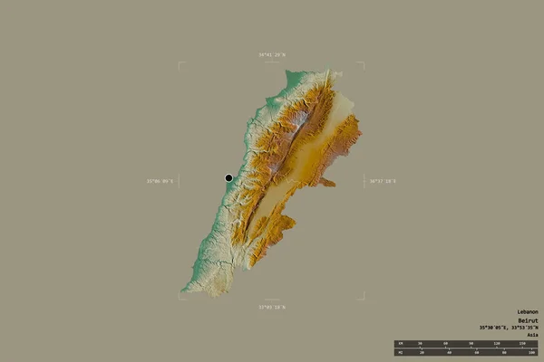 レバノンの地域は 洗練された境界の箱の中の強固な背景に隔離されました 主な地域部門 距離スケール ラベル 地形図 3Dレンダリング — ストック写真