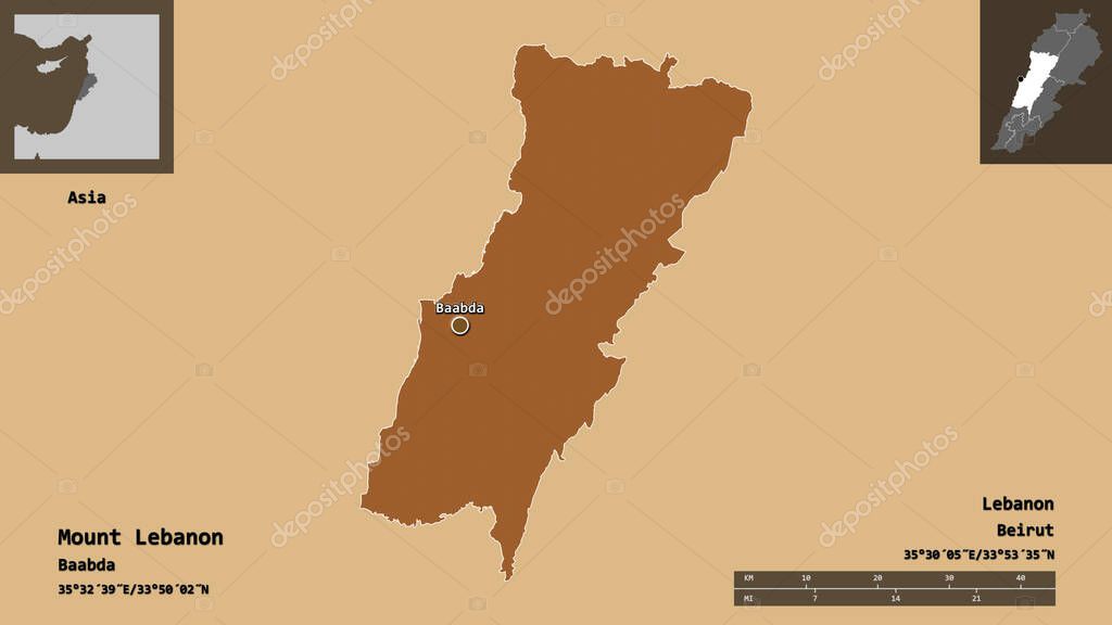 Forma del Monte Líbano, provincia del Líbano, y su capital. Escala de