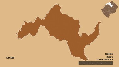 Lesotho 'nun Leribe ilçesi, başkenti sağlam arka planda izole edilmiş. Uzaklık ölçeği, bölge önizlemesi ve etiketleri. Desenli dokuların bileşimi. 3B görüntüleme