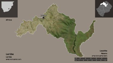Lesotho 'nun Leribe ilçesi ve başkenti. Uzaklık ölçeği, ön gösterimler ve etiketler. Uydu görüntüleri. 3B görüntüleme