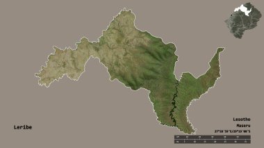 Lesotho 'nun Leribe ilçesi, başkenti sağlam arka planda izole edilmiş. Uzaklık ölçeği, bölge önizlemesi ve etiketleri. Uydu görüntüleri. 3B görüntüleme