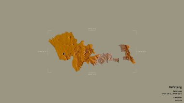 Mafeteng bölgesi, Lesotho bölgesi, sağlam bir arka planda izole edilmiş bir sınır kutusunda. Etiketler. Topografik yardım haritası. 3B görüntüleme