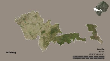 Mafeteng 'in şekli, Lesotho bölgesi, sermayesi sağlam arka planda izole edilmiş. Uzaklık ölçeği, bölge önizlemesi ve etiketleri. Uydu görüntüleri. 3B görüntüleme