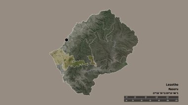 Başkenti, ana bölgesel bölümü ve ayrılmış Mafeteng bölgesiyle Lesotho 'nun dejenere edilmiş şekli. Etiketler. Uydu görüntüleri. 3B görüntüleme
