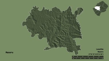 Lesotho 'nun Maseru ilçesi, başkenti sağlam arka planda izole edilmiş. Uzaklık ölçeği, bölge önizlemesi ve etiketleri. Renkli yükseklik haritası. 3B görüntüleme
