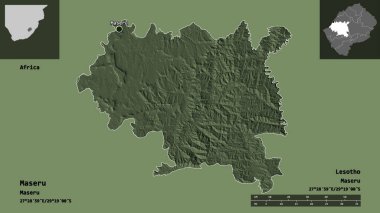 Maseru 'nun şekli, Lesotho bölgesi ve başkenti. Uzaklık ölçeği, ön gösterimler ve etiketler. Renkli yükseklik haritası. 3B görüntüleme