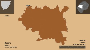 Maseru 'nun şekli, Lesotho bölgesi ve başkenti. Uzaklık ölçeği, ön gösterimler ve etiketler. Desenli dokuların bileşimi. 3B görüntüleme
