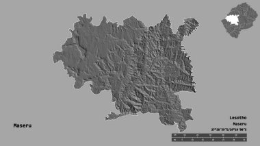 Lesotho 'nun Maseru ilçesi, başkenti sağlam arka planda izole edilmiş. Uzaklık ölçeği, bölge önizlemesi ve etiketleri. Çift seviyeli yükseklik haritası. 3B görüntüleme