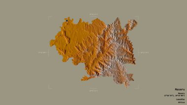 Maseru bölgesi, Lesotho bölgesi, jeoreferatlı bir sınır kutusunda sağlam bir arka planda izole edilmiş. Etiketler. Topografik yardım haritası. 3B görüntüleme
