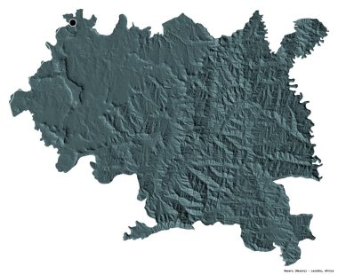 Maseru, Lesotho bölgesi, başkenti beyaz arka planda izole edilmiş. Renkli yükseklik haritası. 3B görüntüleme