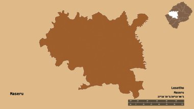 Lesotho 'nun Maseru ilçesi, başkenti sağlam arka planda izole edilmiş. Uzaklık ölçeği, bölge önizlemesi ve etiketleri. Desenli dokuların bileşimi. 3B görüntüleme