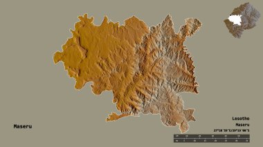 Lesotho 'nun Maseru ilçesi, başkenti sağlam arka planda izole edilmiş. Uzaklık ölçeği, bölge önizlemesi ve etiketleri. Topografik yardım haritası. 3B görüntüleme